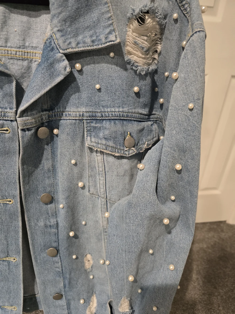 Free People Light Blue Pearl-Embellished Distressed Denim Jacket - Picture 3 of 5